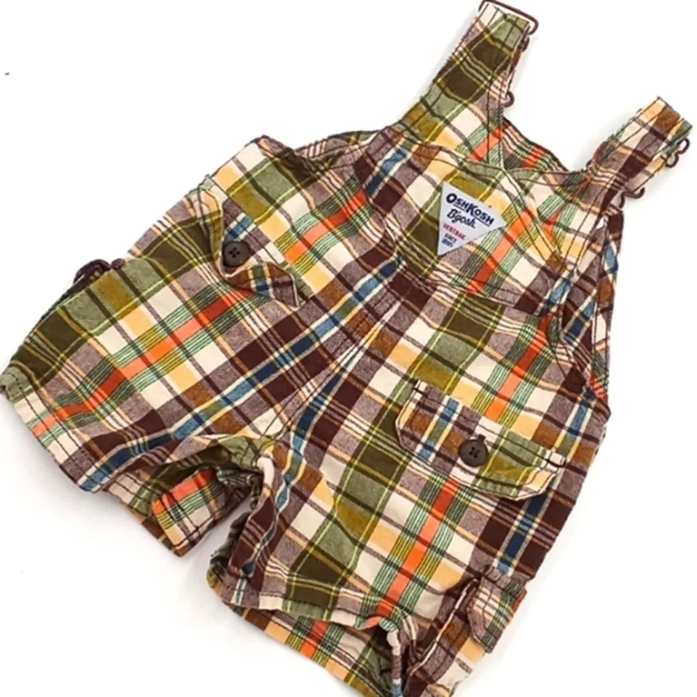 OshKosh B'Gosh Brown‎ Plaid Shorts Overalls 3M